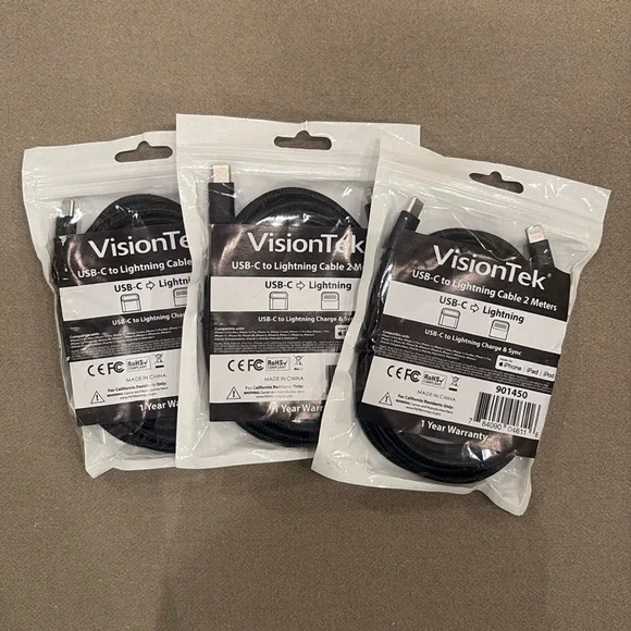 Lot 3 VisionTek USB-C to Lightning 2 Meter Cable Charge Sync Cord Black 901450