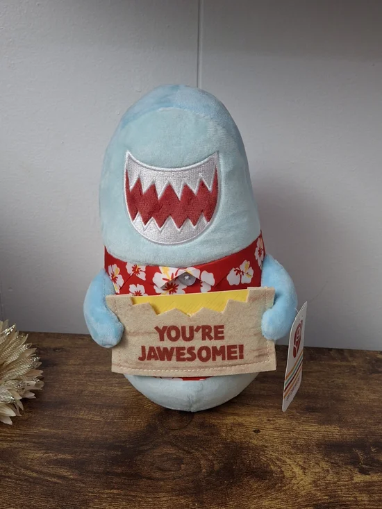 Blue 'You're Jawesome' Plush Shark with Red Floral Hawaiin Shirt Gift CardHolder