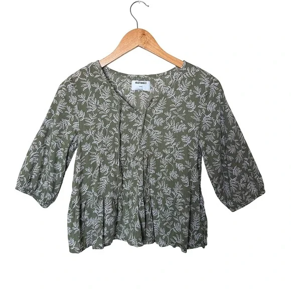 Old Navy Girls Boho Olive Green‎ Floral Leaf Tiered Blouse Tie Neck Top 10-12