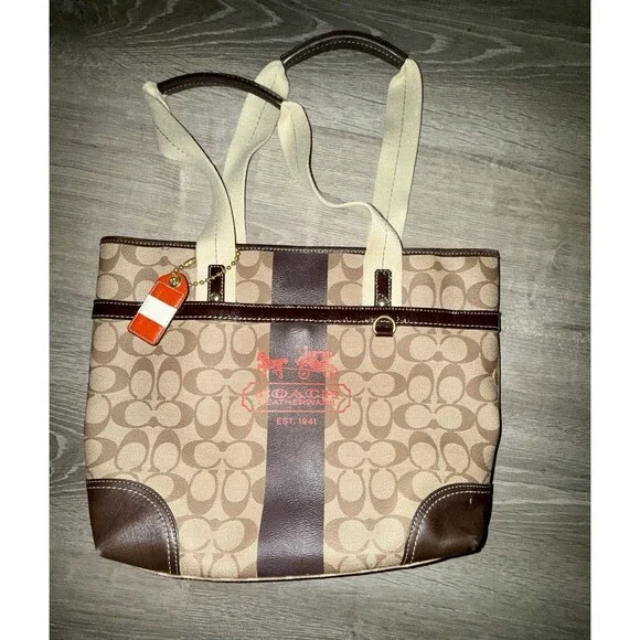 Coach Heritage Signature Stripe Tan and Brown and Red Handbag (No. L0768 11350)