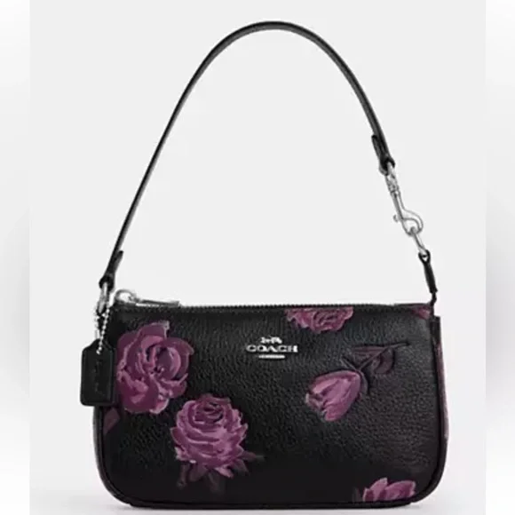 💜Coach NWT Nolita 19 Black bag with Purple Rose Pattern