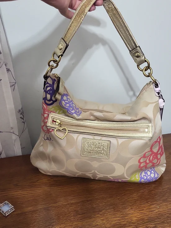 Coach Poppy Vintage Cream Signature Floral Shoulder Bag with Gold Accents