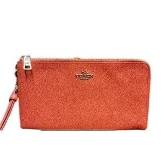 Coach Double‎ Zip Wristlet Orange Pebbled Leather Clutch Bag 87591
