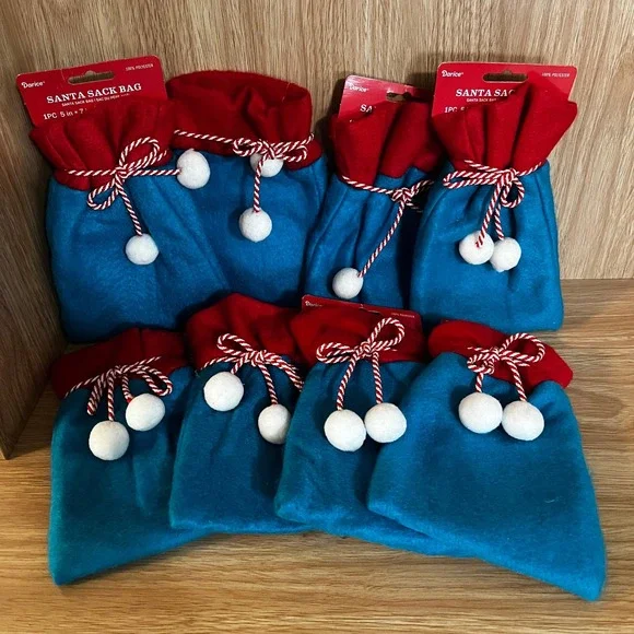Darice Santa Sack Bag Lot of 8 Teal Red Felt Christmas Gift Pouch 5x7 New! Decor