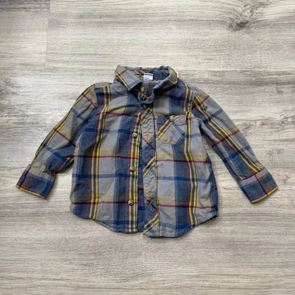 Old Navy Boys Flannel‎ Shirt 18-24 Months Plaid Blue Yellow Red Button Up