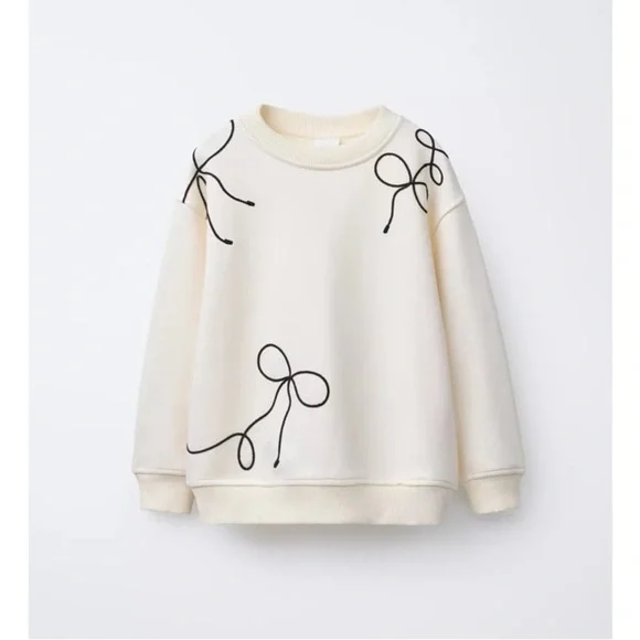 NWT Zara Girls Crewneck Embroidered Bows Pullover Sweatshirt Ivory Sz 11 / 12