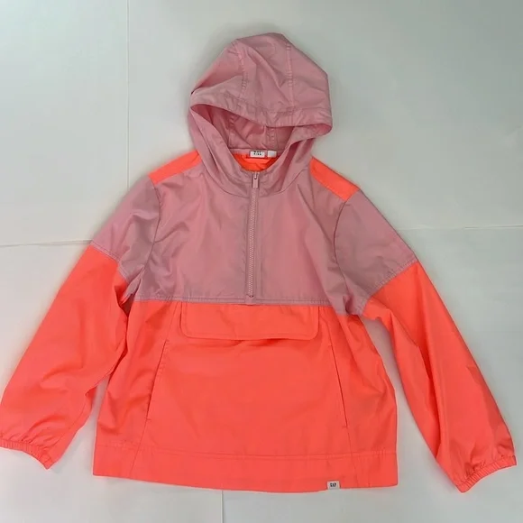 GAP Kids Girls Windbreaker Pullover Coloblock Blush Neon Salmon M (8)