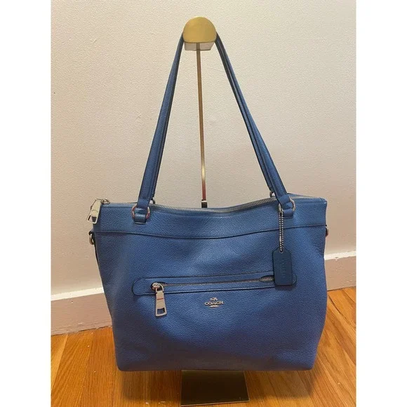 Coach Tote Bag Blue Pebbled Leather Shoulder Bag F54687 Large
