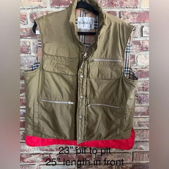Vintage Windbreaker Tan Utility Fishing Vest Plaid Lined Puffer Vest Size L