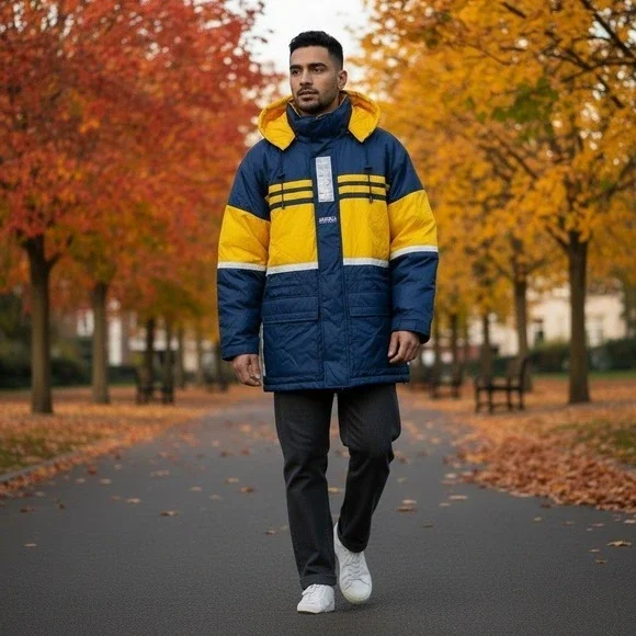 VTG Perry Ellis America Puffer Jacket Parka Coat Hooded Navy Yellow Stripe XXL‎