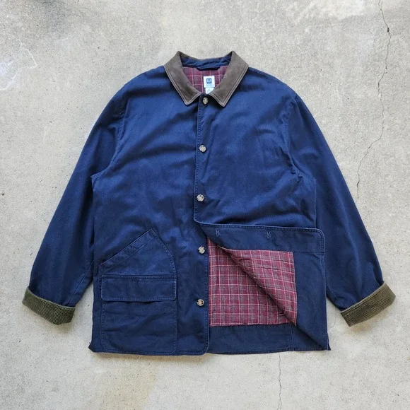 Vintage GAP Chore Jacket Size XL Navy Blue Red Plaid Flannel Lining 90s