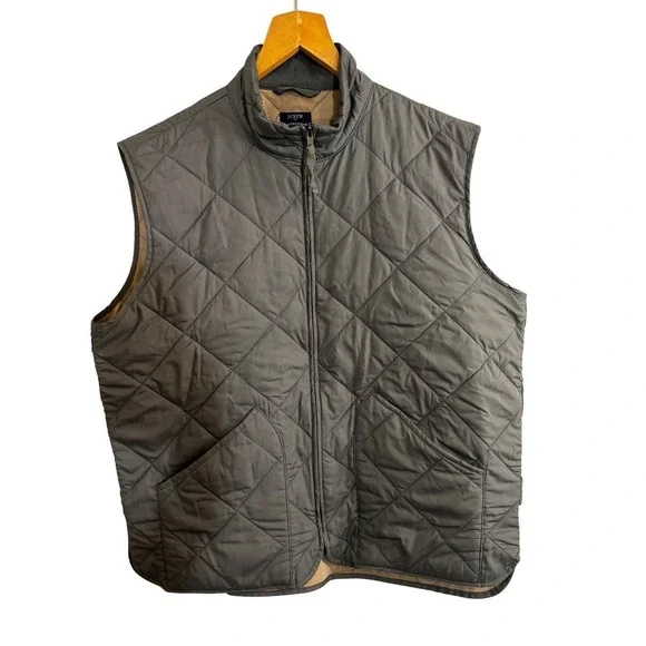 J Crew Authentic Outerwear Quilted Vest Mens‎ XL Gray Full Zip Pockets Lined