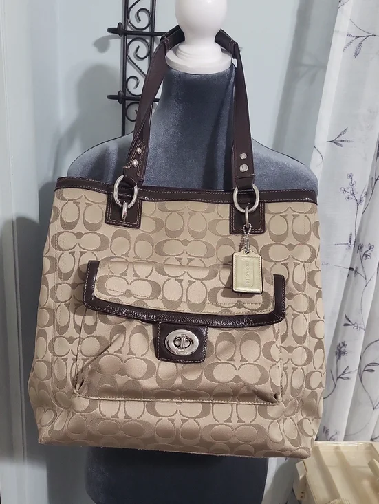 Coach Beige Signature Tote with Dark Brown Trim and Front Pocket