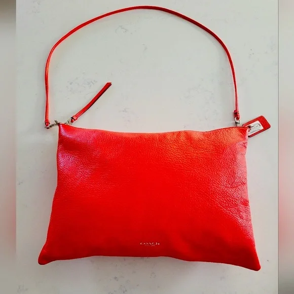 Coach Red Pebbled Leather Crossbody Bag Silver Hardware Foldover Clutch