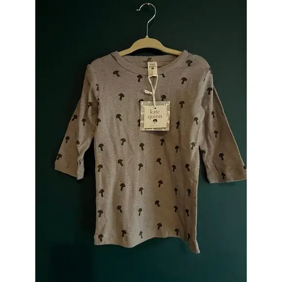 NWT Kate Quinn Pointelle Organic Cotton Shirt Grey Brown Mushroom Size 6y