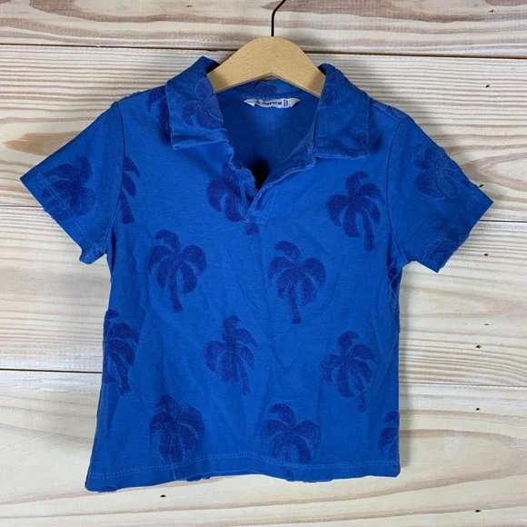 Mayoral Polo Shirt Boys 4 Blue Palm Tree Terry Textured Tropical‎ Summer