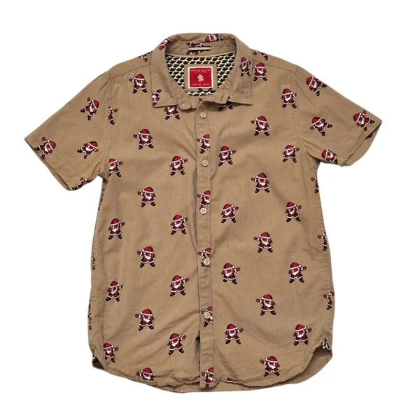 Denim & Flower Ricky Singh tan short sleeve button down Santa Dab print 9/10