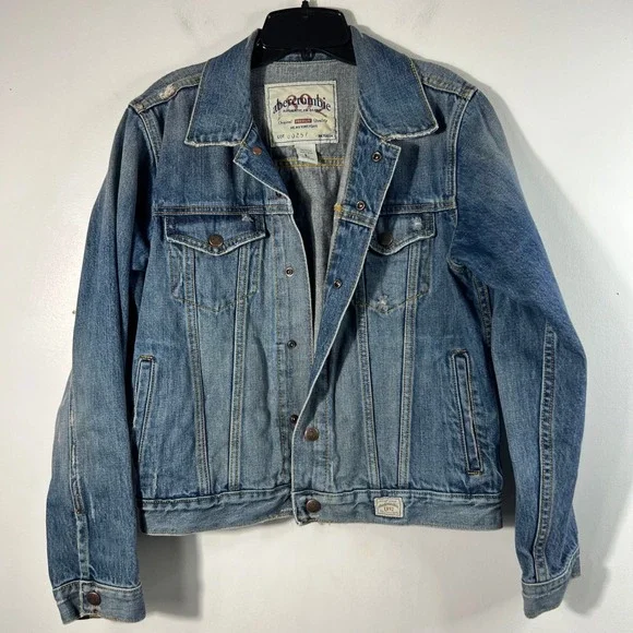 Abercrombie 1892 Mens Heavyweight Distressed Denim Trucker Jacket Blue Large L