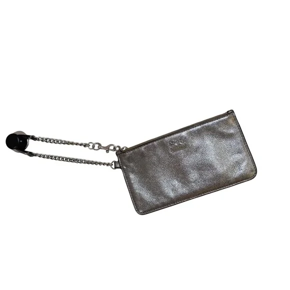 Vintage Coach Metallic Pewter Leather Chain Wristlet Pouch Silver Logo