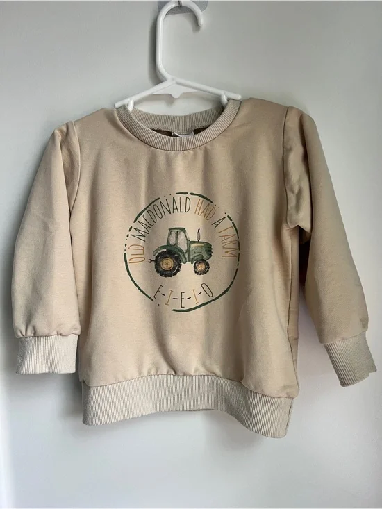 Neutral Beige Kids Sweatshirt with Green Tractor Graphic