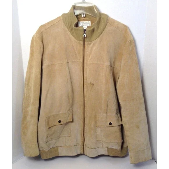 Vtg CJ Banks Suede Leather Jacket Men 2X Tan Lined Bomber Aviator Coat 90s