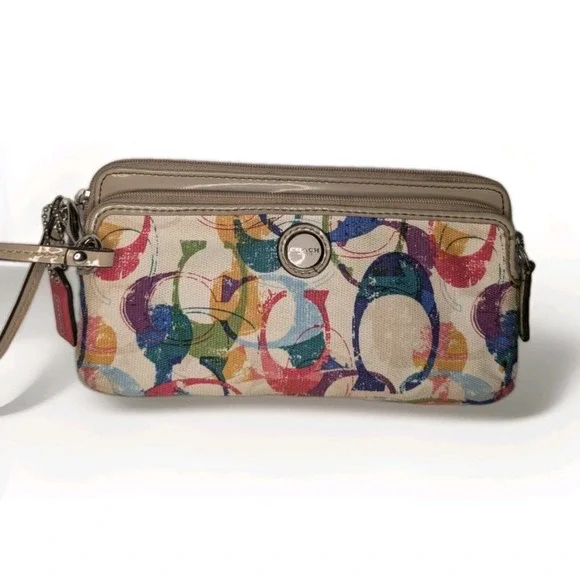 Coach Poppy Graffiti Signature C Multicolor Double Zip Wristlet Wallet Khaki