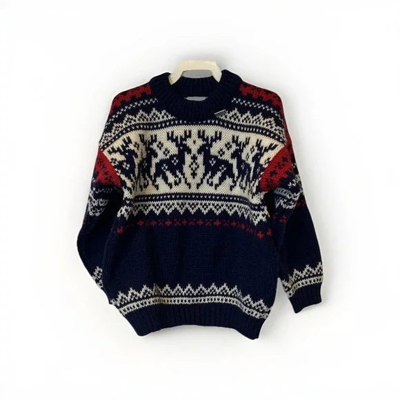 Vtg Voss Kids Sweater Navy‎ Sz 4 Nordic Fair Isle Wool Norway Reindeer Ski