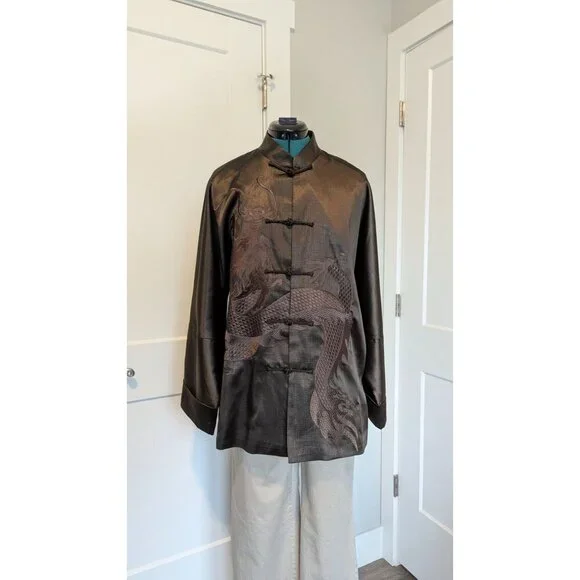 Vintage Mens Traditional Chinese Jacket Large Dragon Brown Satin House Coat