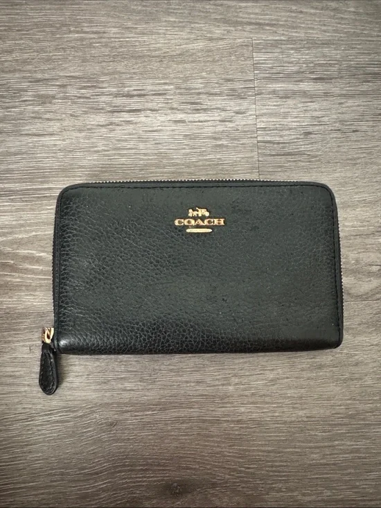 Coach Black Pebbled Leather Zip-Around Wallet with Gold Logo