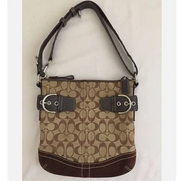 Coach Signature Fabric And Suede Slim Duffle Shoulder Bag Brown Color