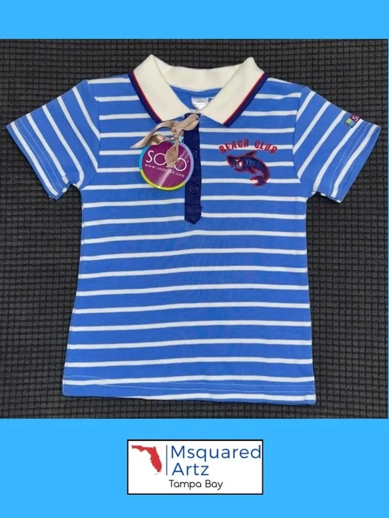 SoZo Boys Polo Shirt 18 Months Blue Striped Shark Beach Club Cotton NWT Toddler