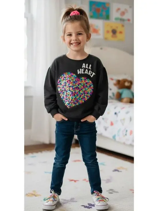365 Kids by Garanimals Girl Sweatshirt All Heart Sequin Patch Pullover Black 6