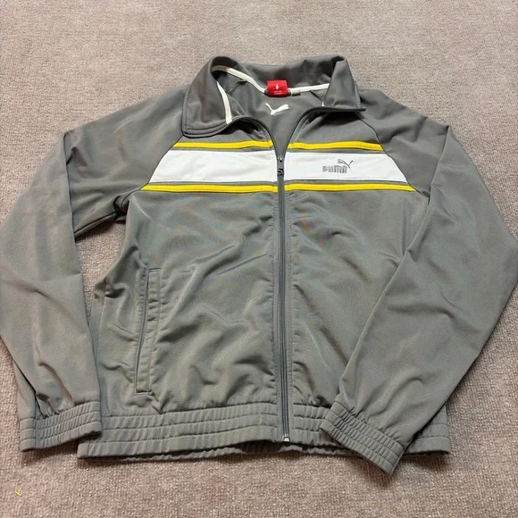 Puma Track Jacket Gray Yellow Stripe Full Zip Athletic Jacket S 0769
