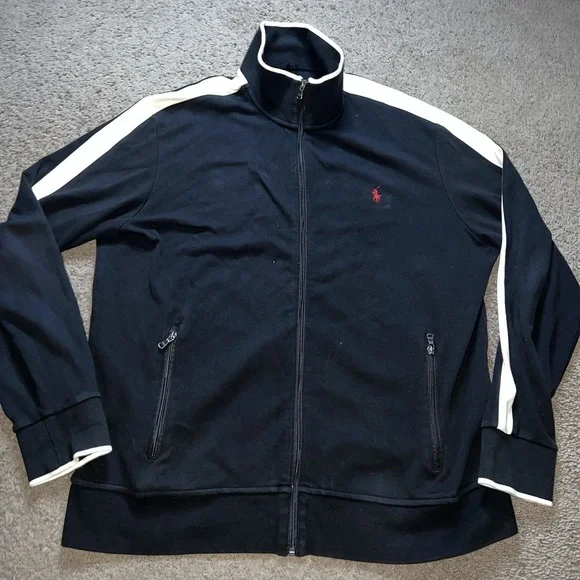 Polo Ralph Lauren Track Jacket Mens XL Black White Stripe Full Zip Pony