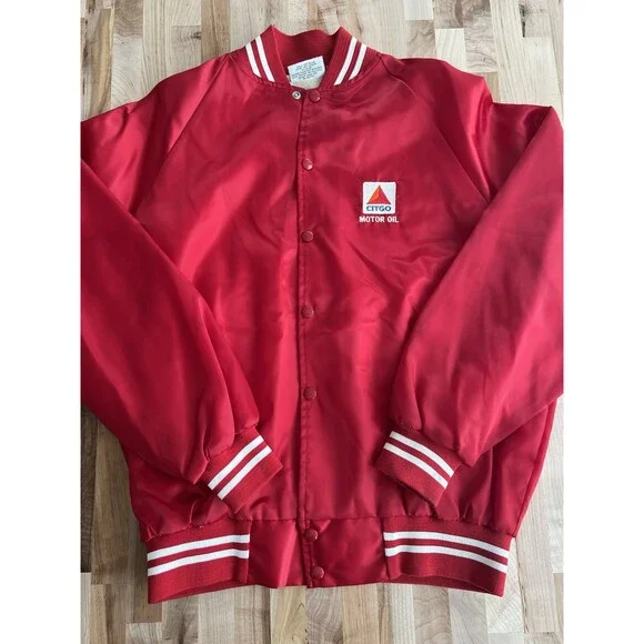 K-Brand Men's Vintage Red Satin Bomber Jacket Citgo Motor Oil Large