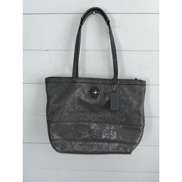 COACH‎ Gray Patent LEATHER F15142 TOTE Shoulder Bag Top Zip Double Handles