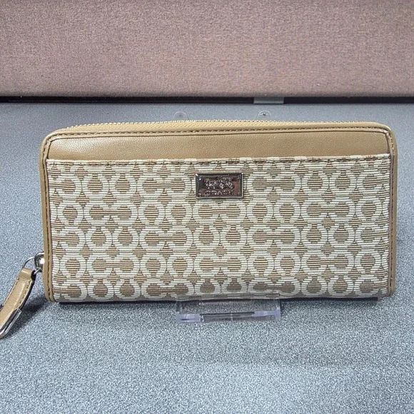 Coach Wallet Womens‎ Tan Excellent Optic Signature Jacquard Bifold Slim Logo