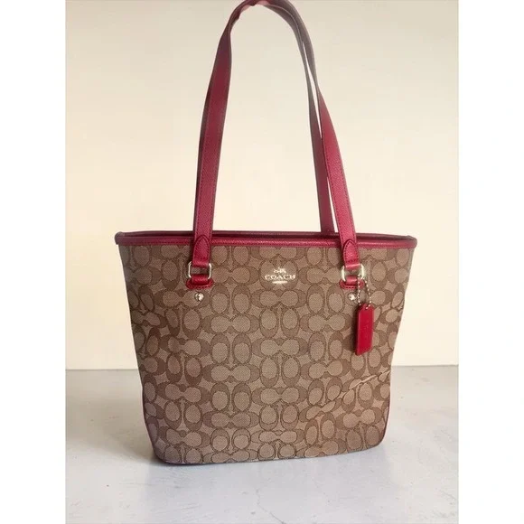 Coach Signature Coated Canvas‎ and Red Leather Trim Purse Tote Gold Hardware