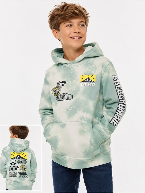 Abercrombie Kids Tie-Dye Hoodie | Boys Size 7/8 | Mint Green Graphic Pullover