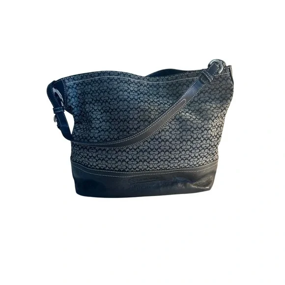 Coach F11666‎ Signature Jacquard Hobo Shoulder Bag Black Grey Leather Trim