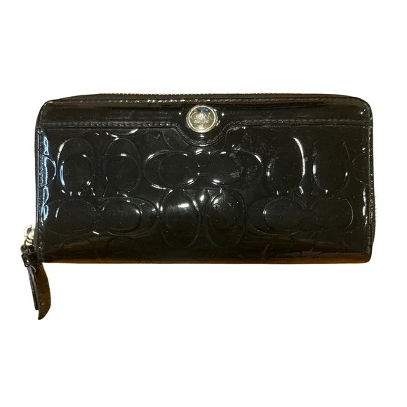 Coach Black Signature Embossed Patent Leather Zip Around Accordion Wallet Long