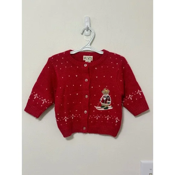 Children's Place Holiday Cardigan Bear Skiing Knit‎ Sweater Red 6-9 Months