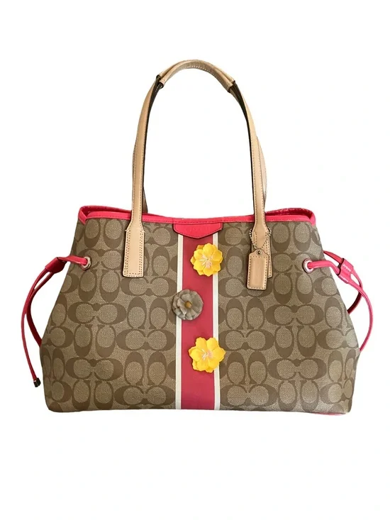EXCELLENT CONDITION! COACH LARGE SIGNATURE STRIPE DRAWSTRING CARRYALL W FLOWERS