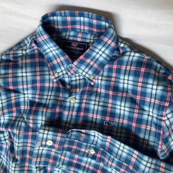Vineyard Vines Performance Whale Shirt Boys Large 16 Blue Pink Plaid Button Down