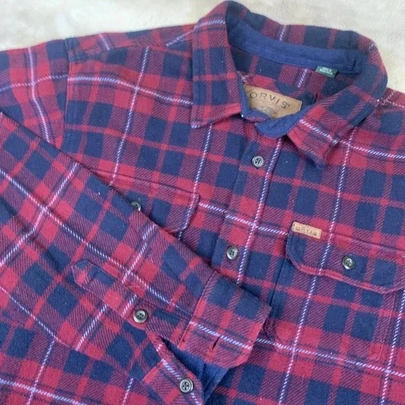 Orvis Mens XL Red Navy Blue Plaid‎ Flannel Lined Shirt Jacket Hand Pockets 2951
