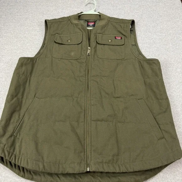 Wrangler‎ Workwear Mens XL Canvas Quilted Utility Vest Olive Green Full Zip