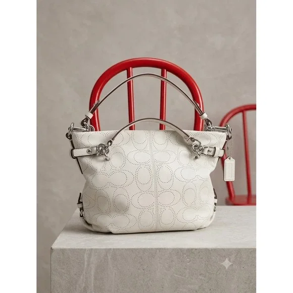 Coach Perforated Signature Leather Shoulder Bag Off White Silver Hardware Hobo