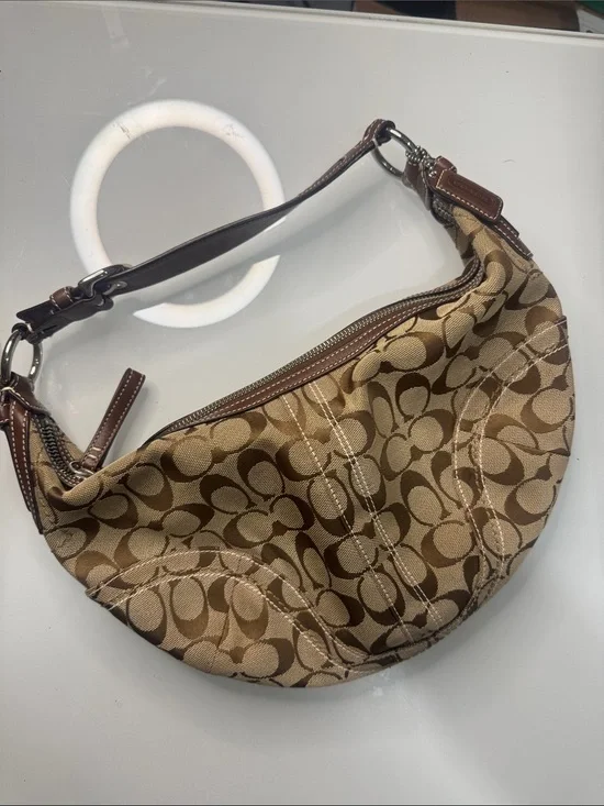 Coach Brown Signature Canvas Crescent Hobo Bag