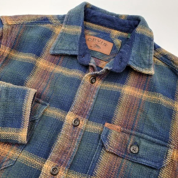 Orvis Mens Small Blue Plaid Heavyweight Flannel Shirt Jacket Leather Patch S