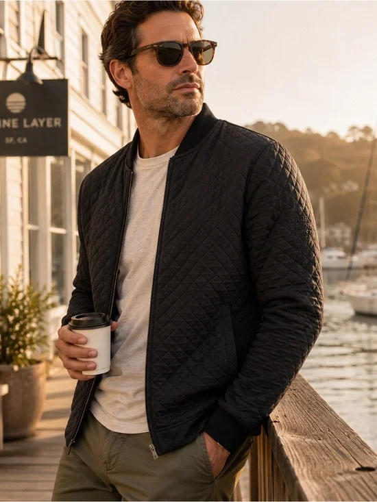 Marine Layer Men’s Corbet Quilted Bomber Jacket Black XXL Full Zip SageView Logo